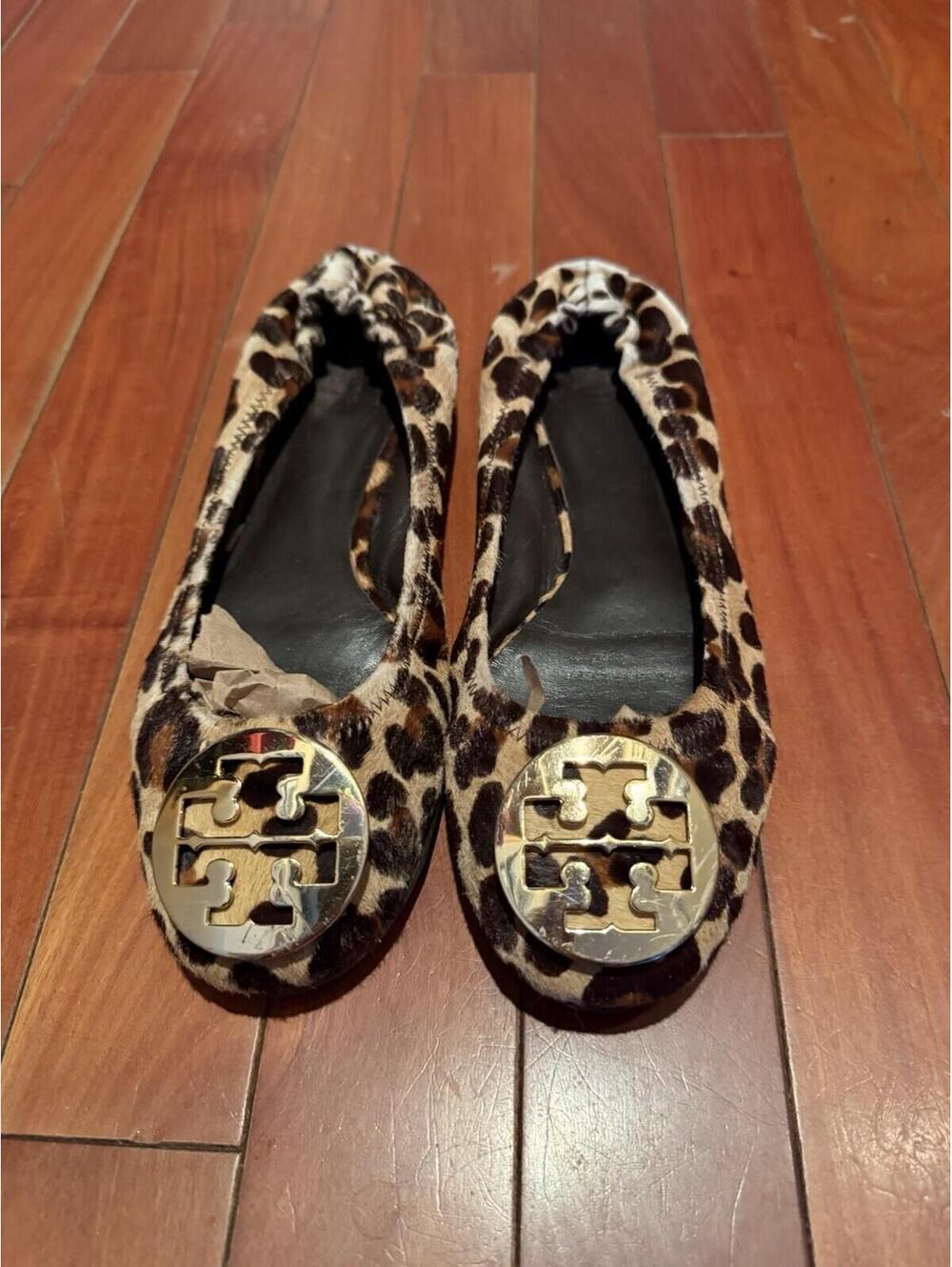 TORY BURCH Leopard Pony Hair / Gold Logo Flat Skimmer Slip On Sz 10